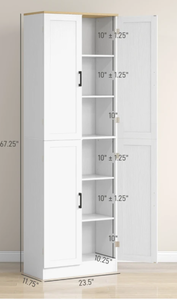 lot 91 image: HOMCOM Freestanding Kitchen Pantry, 4-Door Kitchen Pantry Cabinet with Adjustable Shelves and Doors, Distressed White