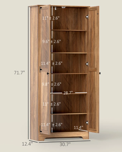 lot 92 image: HOMCOM 72 Farmhouse Pantry Cabinet, Freestanding Food Pantry Cabinet with Adjustable Shelves, Brown