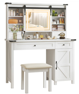 lot 97 image: HOMCOM Vanity Desk Set with Mirror and Lights, Cushioned Stool, Storage Drawer, Cabinet, Shelves for Bedroom, White 42 W x 15.9 D x 54.1H