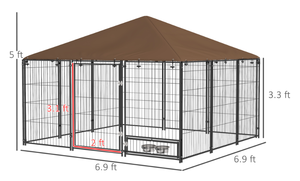 lot 98 image: PawHut 6.9 x 6.9 x 5 Outdoor Dog Kennel with Canopy Garden Playpen Fence Crate Enclosure Cage Rotating Bowl, Coffee