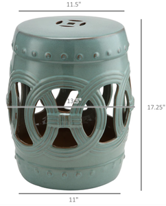 lot 102 image: Outsunny 14 x 17 Ceramic Garden Stool with Double-Coin Knotted Ring Design & Strong Glazed Material, Decorative End Table, Home Collection, Antique Blue