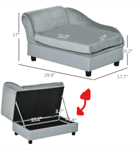 lot 108 image: PawHut Luxury Fancy Dog Couch with Hidden Storage, Small Dog Sofa Bed with 2 Soft Foam, Modern Pet Furniture for Puppies & Little Breeds, Pale Gray