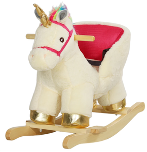 lot 118 image: Qaba Kids Rocking Horse, Unicorn with Realistic Sound, Safety Belt & Wooden Base for 18-36 Months