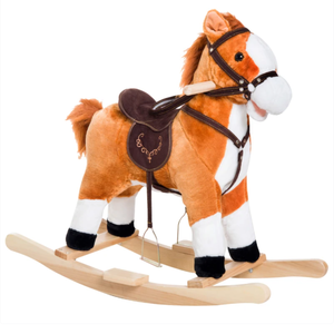 lot 119 image: Qaba Kids Plush Toy Rocking Horse, Wooden Ride-on Chair, Plush Animal Rocker with Realistic Sounds and Moving Tail for Toddlers, Brown