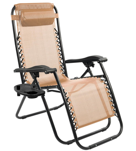 lot 140 image: Elevon Zero Gravity Chair with Cup Holder & Removable Pillow, Adjustable Reclining Outdoor Patio Folding Chairs for Adults Portable Lounge Chair Furniture for Poolside, Lawn, Beach, Camping, Beige