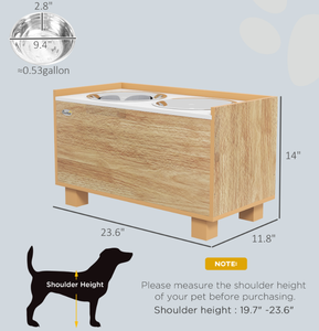 lot 230 image: PawHut Elevated Dog Bowls with Slow Feeder Dog Bowl, Stainless Steel Food Water Bowl, Storage for Large Sized Dog, Oak