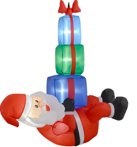 lot 300 image: Outsunny 4.6 Inflatable Santa Hanging Under Three Gift Boxes w LED Lights, Blow-Up Outdoor Hanging Display for Party
