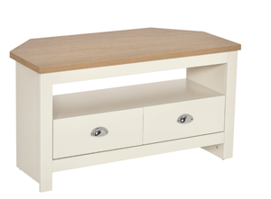 lot 350 image: HOMCOM Corner TV Stand Up To 50, Entertainment Center TV Console Table with Drawers and Open Storage Compartment for Living Room, White