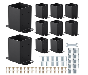 lot 417 image: VEVOR 4x4 Post Base 10 Pcs, Inner Size 3.6x3.6 inch  91.44x91.44 mm Post Brackets, Heavy Duty Carbon Steel Decking Posts, Wood Posts Brackets for Pavilion Deck Railing Support Deck Base Plate, Black (Maybe Missing Hardware)