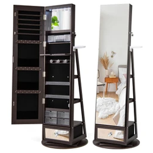 lot 13 image: Lockable 360° Swivel Jewelry Cabinet with Full-Length Mirror LED Lights-Dark Brown