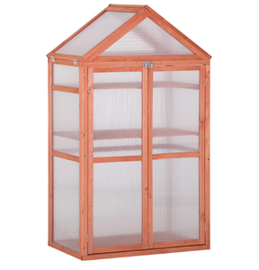 lot 19 image: Outsunny 32 x 19 x 54 Garden Wood Cold Frame Greenhouse Flower Planter with Adjustable Shelves, Double Doors, Orange