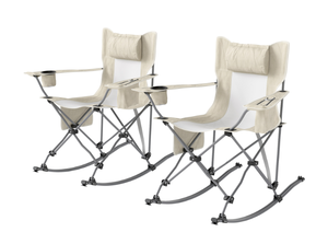 lot 23 image: Outsunny Folding Rocking Camping Chairs, Portable Chairs with Headrest, Cooler Bag, Cup Holder, Carry Bag, 2 Pack, Cream