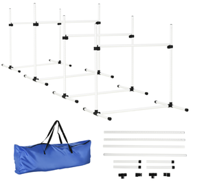 lot 208 image: PawHut 4 Piece Dog Agility Training Equipment for Dog Agility Course with Adjustable Height Jump Bars, Included Carry Bag, & Displacing Top Bar, White