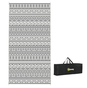 lot 215 image: Outsunny Outdoor Rug for Patio, 9 x 18 Waterproof Large Mat, Reversible Plastic Straw Rug for Decor, Portable Outside RV Camping Area Carpet Mat for Backyard Porch Deck Picnic, Gray & Cream Boho