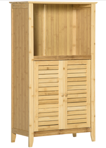 lot 218 image: HOMCOM Bamboo Floor Cabinet Bathroom Floor Cabinet Living Room Organizer Tower with Multiple Shelves and Doors, Natural