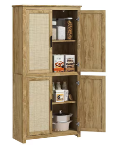 lot 316 image: Natural Wood 64 in. 4-Tier Shelves Freestanding Kitchen Pantry Storage Cabinet, with 4-Rattan Doors and Adjustable Shelf (Missing Parts or Pieces)