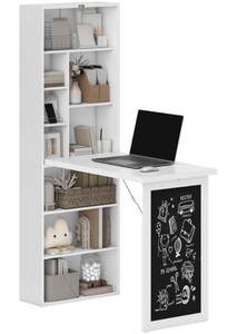 lot 320 image: HOMCOM Fold-out Convertible Office Desk, Wall Mount Computer Desk with Blackboard and Side Shelf, White