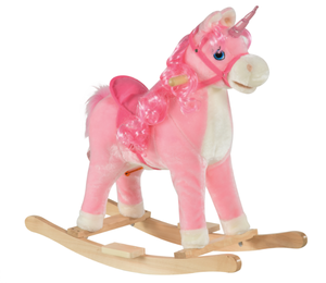 lot 332 image: Qaba Kids Rocking Horse, Ride on Unicorn with Wooden Base, Tail Wag & Sounds for Toddlers 3-6 Years Old, Pink