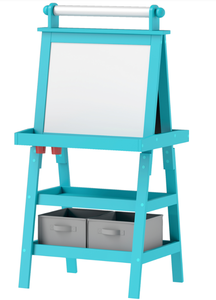 lot 303 image: Qaba Double Sided Easel for Kids, Standing Toddler Easel with Paper Roll, Magnetic Whiteboard, Chalkboard & Storage, Blue