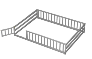 lot 307 image: Costway Twin Size Floor Bed with Door & Fence with Safety Guardrails & Slats Support Gray