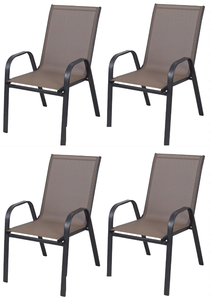 lot 150 image: LOT OF 4 BTExpert Brown Restaurant Flexible Sling Stack Chairs, Metal Frame, Indoor Outdoor Patio (Missing Part 1 Cap For Side Bolt)