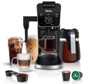 lot 190 image: Ninja DualBrew Pro Specialty 12 Cup Coffee Maker, Glass Carafe, Single-Serve Compatible with K-Cup Pods, 4 Brew Styles, Built In Frother, Black (CFP300)