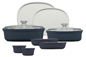 lot 195 image: CorningWare Ceramic Bakeware Set with Lids Chip and Crack Resistant Stoneware Baking Dish, Microwave, Dishwasher, Oven, Freezer and Fridge Safe, 10-Piece French Navy
