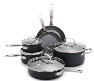 lot 196 image: GreenPan Chatham Hard Anodized Healthy Ceramic Nonstick 10 Piece Cookware Pots and Pans Set, Frying Pan Skillets, Saucepans, Saute Pan, Stockpot, Lids, PFAS-Free, Dishwasher & Oven Safe, Gray