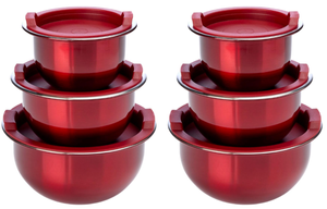 lot 245 image: LOT OF 2 Wolfgang Puck 3-piece Stainless Steel Prep Bowls with Storage Lids (Colors May Vary)