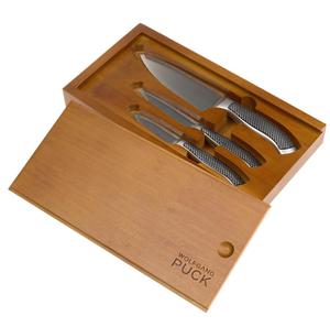 lot 255 image: Wolfgang Puck 3 Forged Knives and Prep Board Cutlery Set