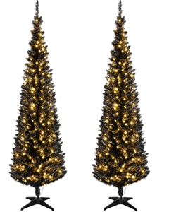 lot 378 image: LOT OF 2 HOMCOM 6ft Pencil Christmas Tree, Slim Artificial Christmas Tree with Realistic Branches and Warm White LED Lights, Black