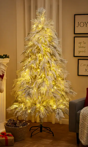 lot 385 image: BreeBe - Snow Flocked Christmas Tree � Pre-Lit with Warm LEDs, 6Feet - White