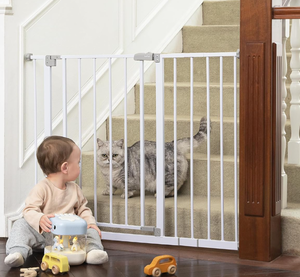 lot 450 image: InnoTruth 28.9-42.1 Wide Baby Gate for Stairs & Doorways, 30 Tall Pressure Mounted Dog Gates for Stairs Expandable One-Hand Open, Easy Step Walk Through Dual Lock Metal Pet Gates for Dogs, White