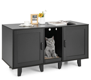 lot 467 image: Giantex Cat Litter Box Enclosure - Cat Washroom Hidden Furniture with 2 Storage Cabinets 47.5 x 20.5 x 25.5 (Minor Transit Damage)