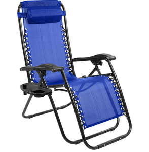 lot 395 image: Elevon Zero Gravity Chair with Cup Holder & Removable Pillow, Adjustable Reclining Outdoor Patio Folding Chairs for Adults Portable Lounge Chair Furniture for Poolside, Lawn, Beach, Camping, Blue (Minor Transit Damage)