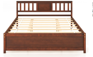 lot 468 image: SlickBlue Wooden Platform Bed with Headboard, Slatted Support, Walnut Finish, 440 lbs Capacity (Maybe Missing Hardware)