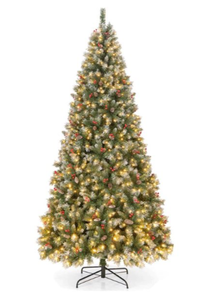 lot 495 image: Costway 9-ft Artificial Christmas Tree Hinged with 650 Warm LED Lights and 309 Red Berries
