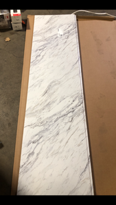 lot 62 image: Hampton Bay 8 ft Straight Laminate Countertop Kit Included in Gloss Calcutta Marble   Customer Returns See Pictures
