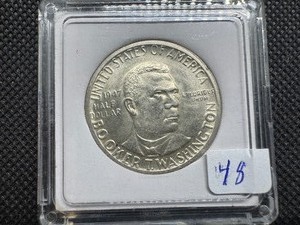 lot 48 image: High Grade 1947 Booker T. Washington Commem. Silver Half Dollar - Small hairline crack is on the holder not the coin - the coin is BU
