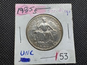 lot 53 image: 1935-S San Diego Commem. Silver Half Dollar Marked UNC When Purchased -  Greysheet Wholesale Price for an MS62 is $90