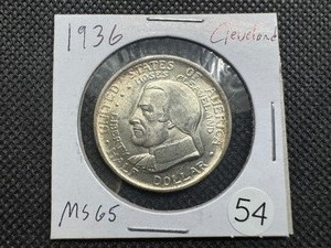 lot 54 image: 1936 Cleveland Commem. Silver Half Dollar Marked MS65 When Purchased -  Greysheet Wholesale Price for an MS65 is $110