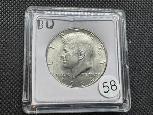 lot 58 image: 1964 90% Silver Kennedy Half Dollar Marked BU When Purchased