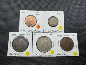 lot 94 image: Five Older British Coins 1940 UK Penney AU, 1945 UK Penney AU, 1981 Britain Two New Pence AU, 1960 Britain Three Pence XF, 1950 UK Half Crown XF