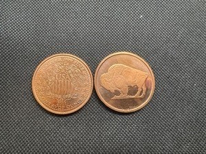 lot 99 image: Two 2011 1 Oz Copper Rounds Buffalo Design