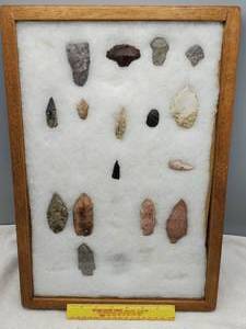 lot 33 image: Mahogany Showcase, 4 Chisels, 2 Punch Stones, 4 Drills, etc.--See Photos