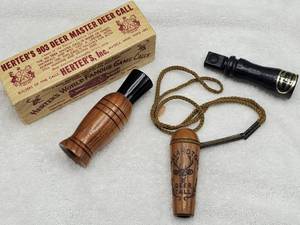 lot 58A image: 3 Vintage Calls--Herters Deer in Box, Mallardtone Deer & Johnny Stewart Predator Calls
