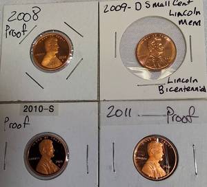 lot 14 image: 2008-S Lincoln Proof, 2009-D Lincoln Cent, 2010-S Lincoln Cent Proof, and 2011-S Lincoln Cent Proof.