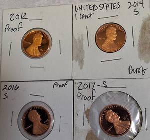 lot 15 image: 2012-S Lincoln Cent Proof, 2014-S Lincoln Cent Proof, 2016-S Lincoln Cent Proof, and 2017-S Lincoln Cent Proof.