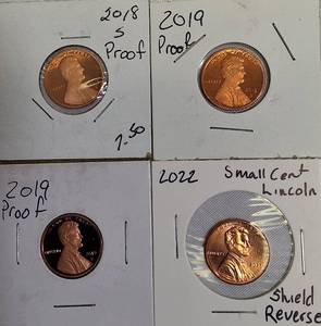 lot 16 image: 2018-S Lincoln Cent Proof, two 2019-S Lincoln Cent Proofs, and 2022-S Shield Reverse Lincoln Cent Proof.