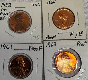lot 18 image: 1982 UNC Small Copper Dated Lincoln Cent Proof, 1964, 1961, and 1963 Lincoln Cent Proofs